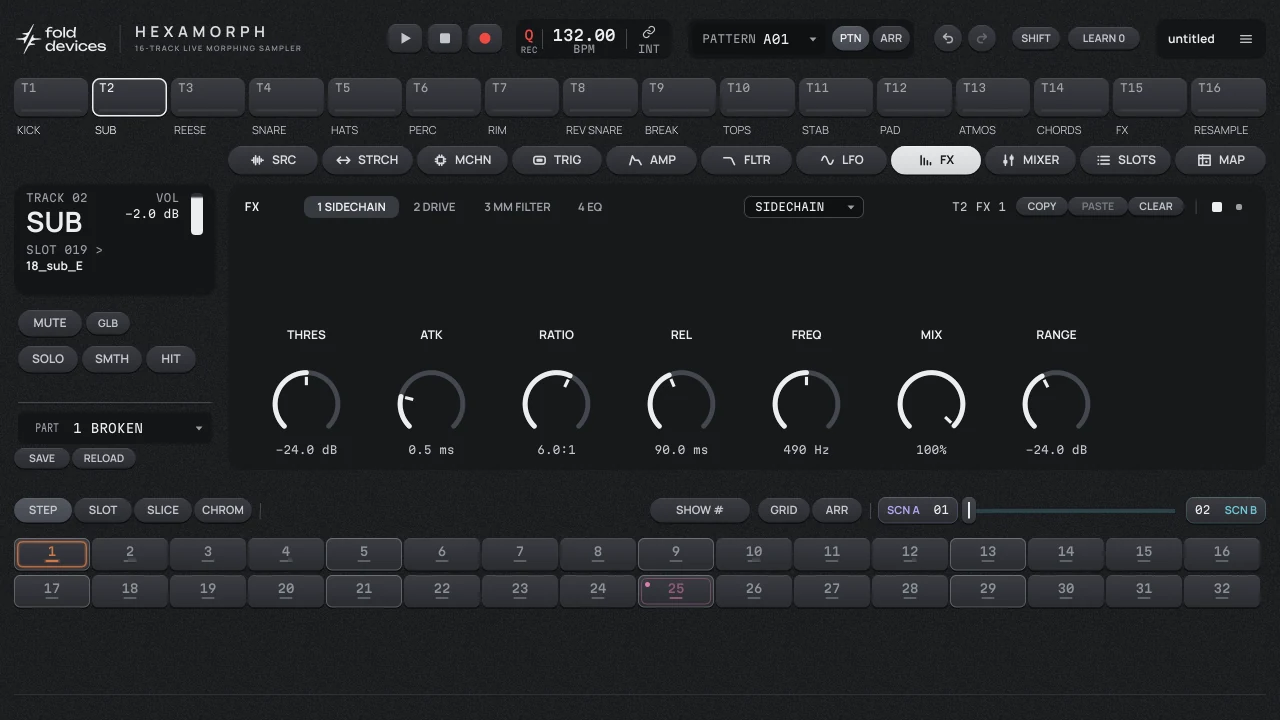 FX page of the sub bass track with four effects in series: sidechain compressor, drive, multimode filter and EQ