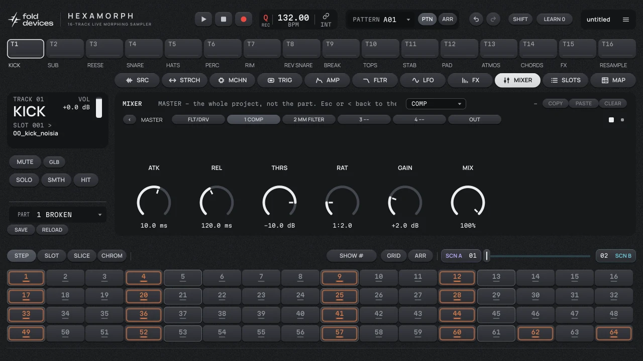 MASTER page with a compressor in the first slot: attack, release, threshold, ratio, gain and mix