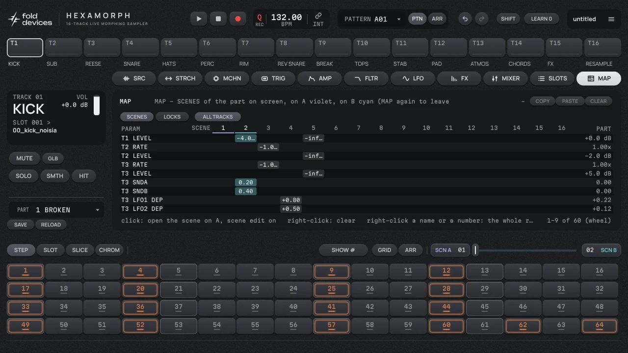 MAP page listing the parameters held by scenes 1 and 2 with the part values on the right
